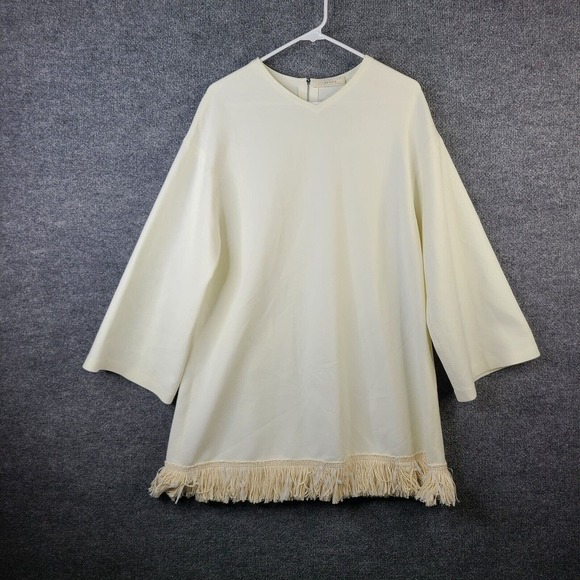 Aeron Dresses & Skirts - Aeron Shift Dress Womens 4 Ivory Fringe Tassel Boho Chic Long Sleeve Stretch